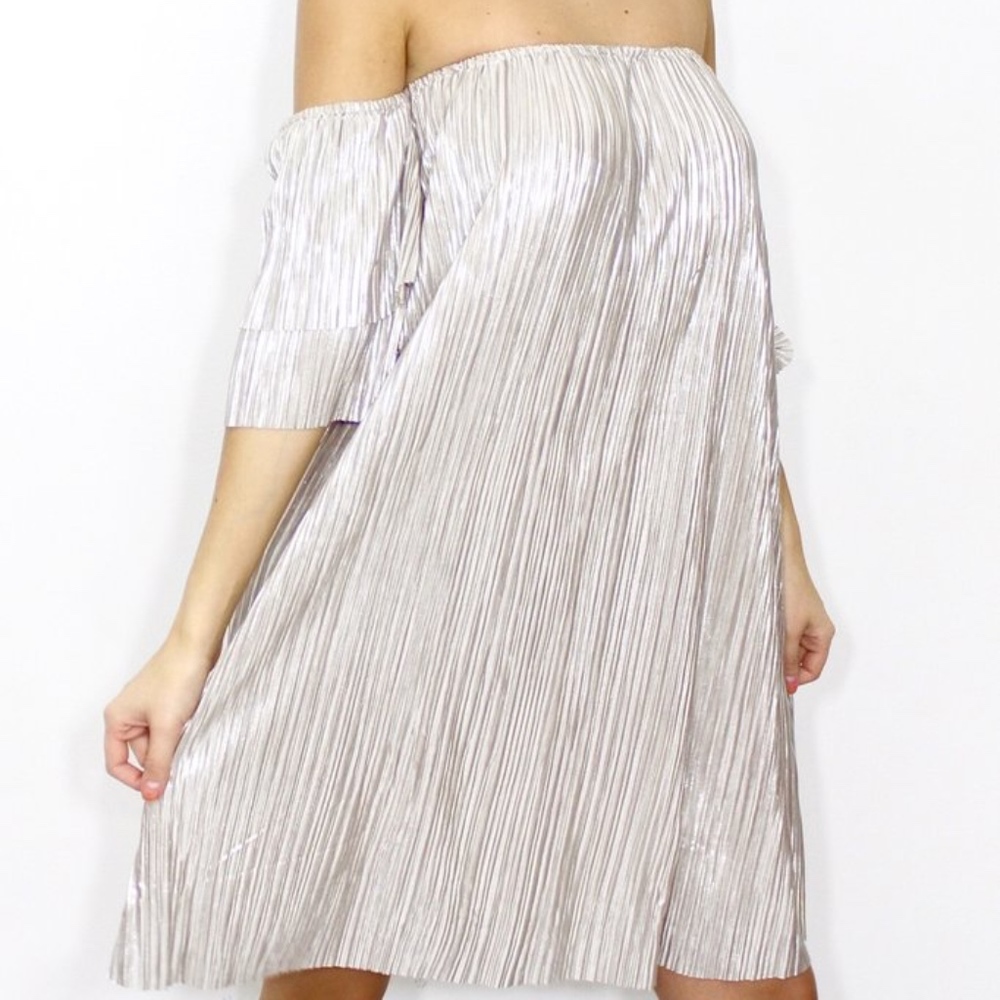 She and Sky Metallic Pleated Off-Shoulder Mini Dress - Silver